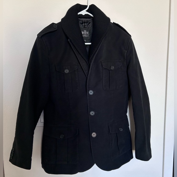 EXPRESS Men’s Heavy Weight Military Style Peacoat Black Jacket Cotton Sz Medium - Picture 2 of 9